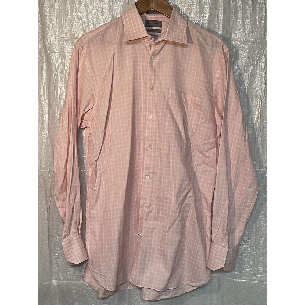 John W Nordstrom Pink Windowpane Shirt‎ Traditional Fit Cotton 120s 2-Ply 15.5